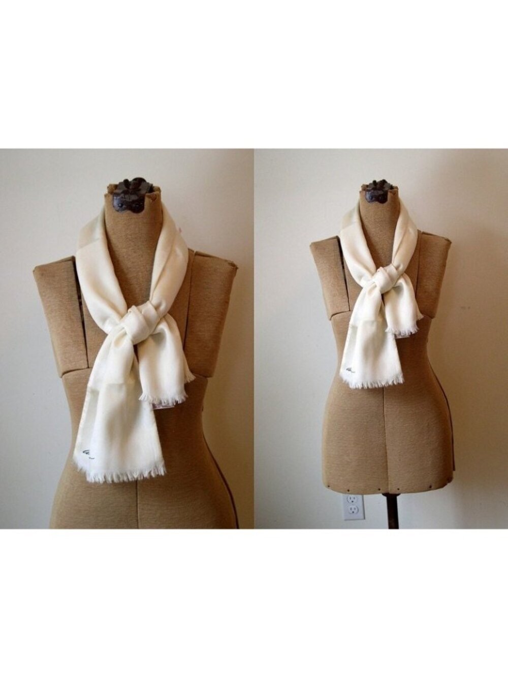 Vintage 1980's Ivory Scarf / 80's Anne Klein for Vera Companies Silk & Wool Scar